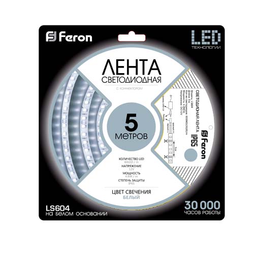 Світлодіодна стрічка Feron LS604 12В 4.8Вт/м білий